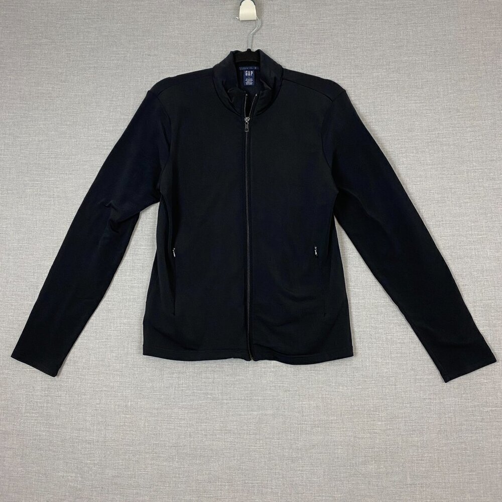 GAP Stretch Athletic Jacket Sz Large Black Full Zip Running Warm Up Sport Jacket